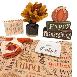 Thanksgiving Decor Bundle Signs, Dish, Faux Floral, Table Runner,‎ Turkey Autumn